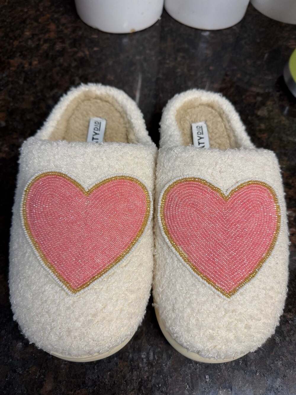 Katydid Heart Slippers Size 6/7 White Fuzzy Beaded Heart